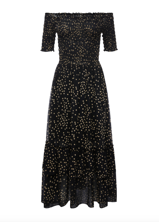 Oriel Off Shoulder Dress Black/Tan Stars